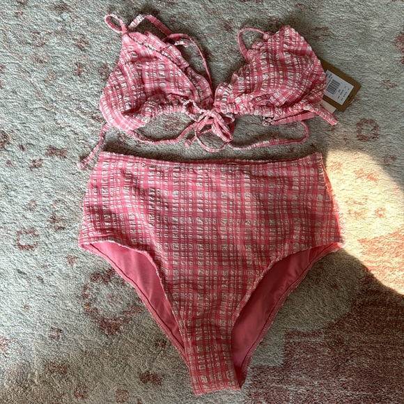 Billabong retro pink plaid/gingham high-waisted bikini set - Picture 1 of 4